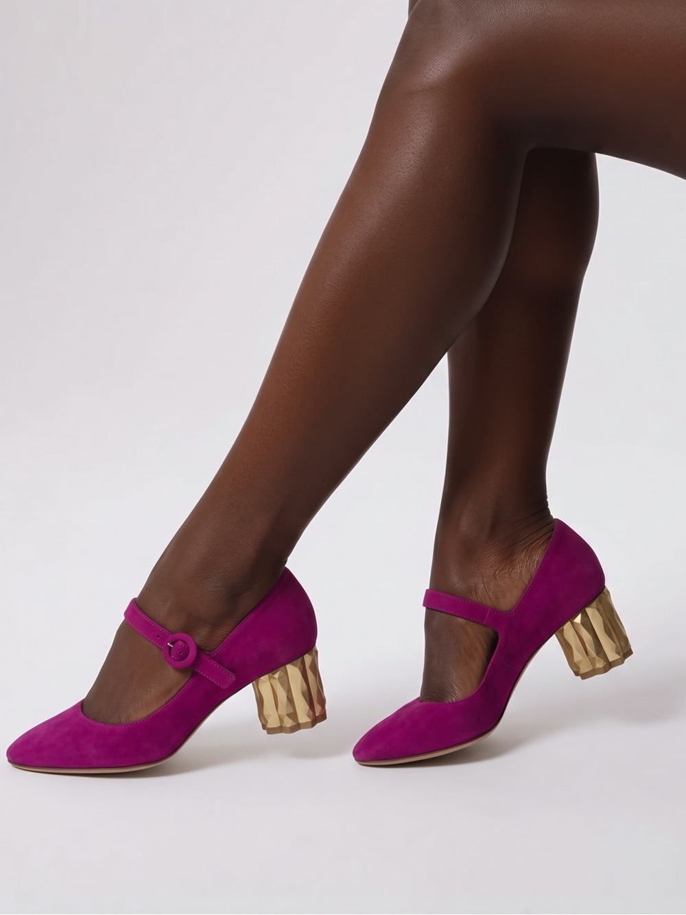 SALVATORE FERRAGAMO | Fuchsia Suede Mary Jane Pumps Gold Sculpted Heel 6C Italy